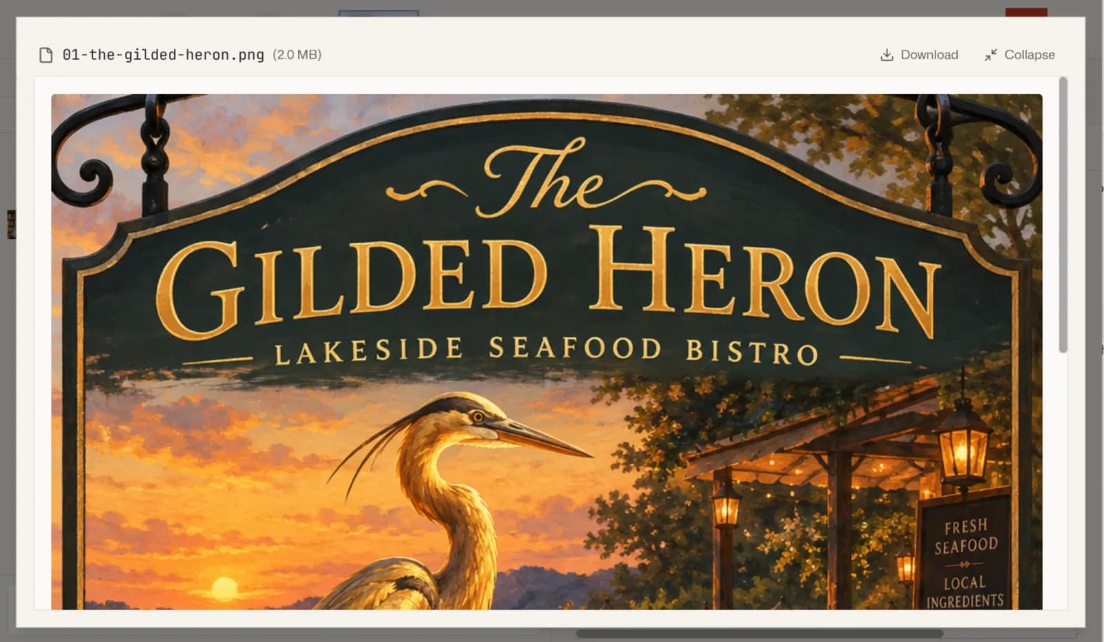 Hugos bild för den första posten: en målad, förgylld skylt med texten "The Gilded Heron, lakeside seafood bistro" ovanför en gyllene häger i solnedgången och en terrass upplyst av lyktor.