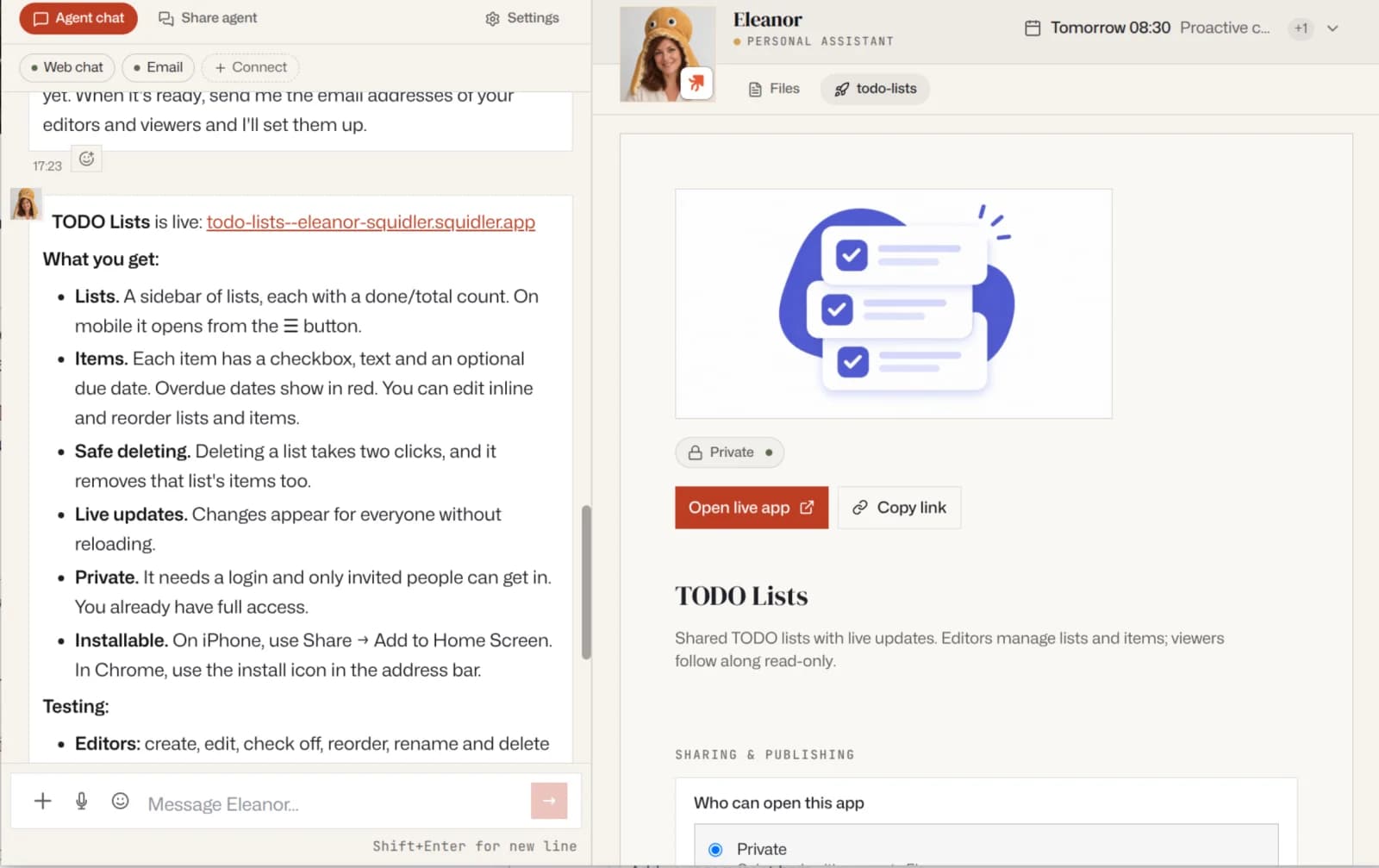 Eleanors Nachricht: "TODO Lists is live: todo-lists--eleanor-squidler.squidler.app", mit Listen, Einträgen mit Fälligkeitsdatum, sicherem Löschen, Echtzeit-Änderungen, privat, installierbar und ihren Testergebnissen. Neben dem Chat die Seite der App auf Eleanors Schreibtisch: Privat, App öffnen, Link kopieren.
