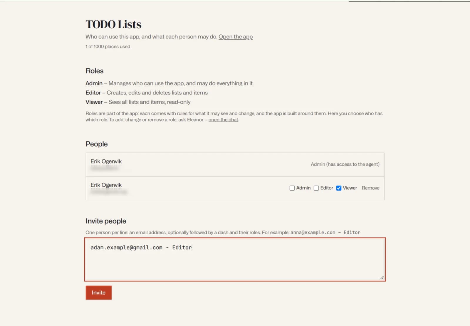Die Seite für Personen und Rollen von TODO Lists: 1 von 1000 Plätzen belegt. Rollen: Admin, Editor und Viewer, jeweils mit dem, was sie dürfen. Personen: Erik Ogenvik als Administrator über den Agenten und Erik Ogenvik mit Häkchen bei Viewer. Ein Einladungsfeld mit "adam.example@gmail.com - Editor".