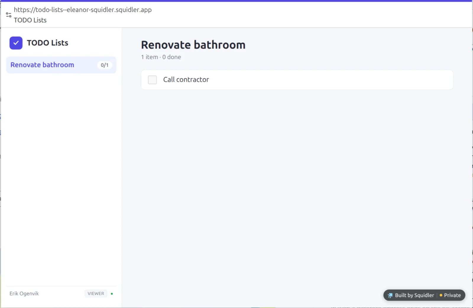 Dieselbe App, als eigenes Fenster installiert unter todo-lists--eleanor-squidler.squidler.app und als Leser angemeldet: die Liste Renovate bathroom mit Call contractor, ohne Felder oder Schaltflächen zum Ändern. Unten: Erik Ogenvik, VIEWER.