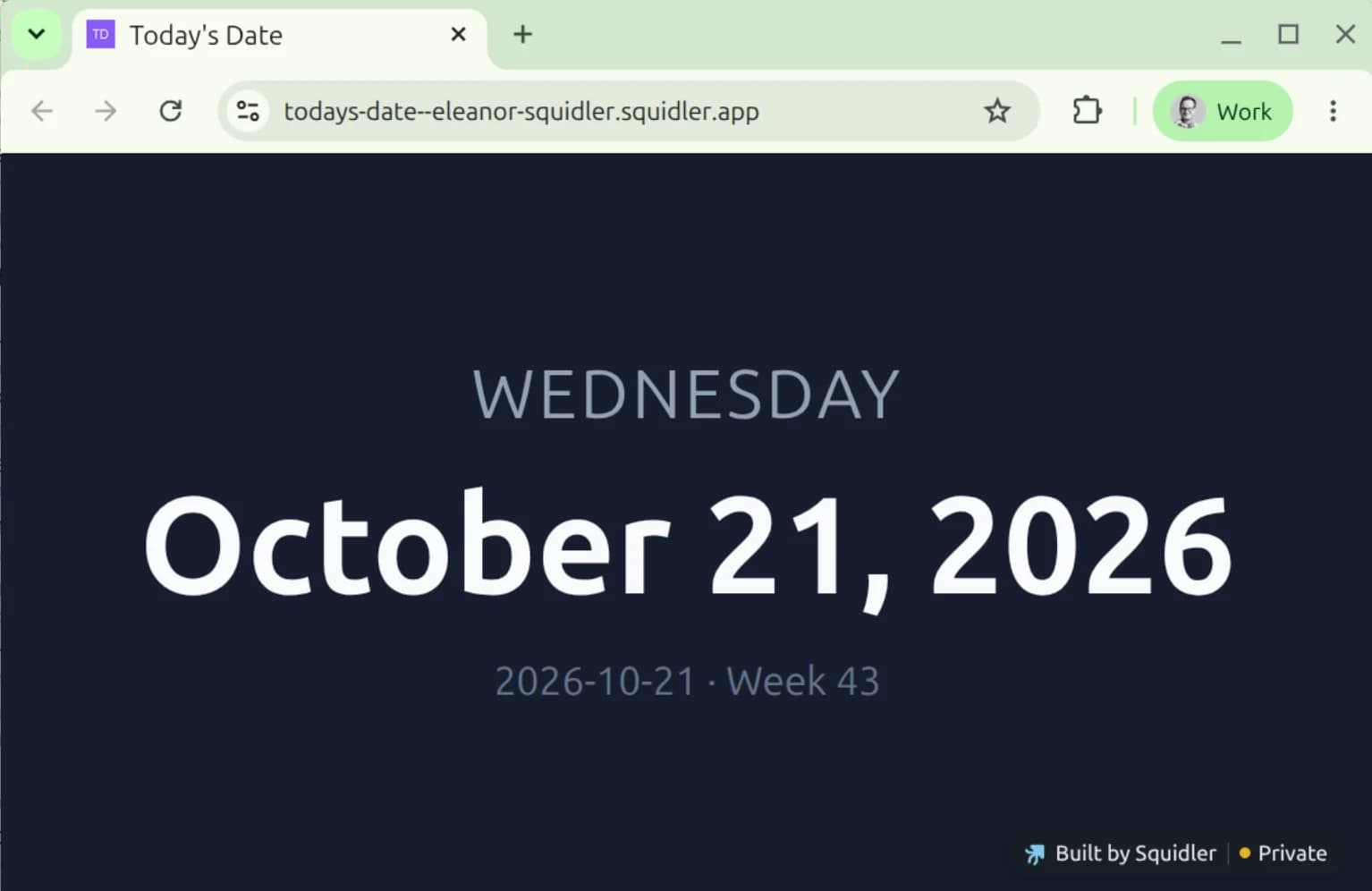 A browser at todays-date--eleanor-squidler.squidler.app showing WEDNESDAY, October 21, 2026, and 2026-10-21 · Week 43, white on dark blue. In the corner: Built by Squidler, Private.