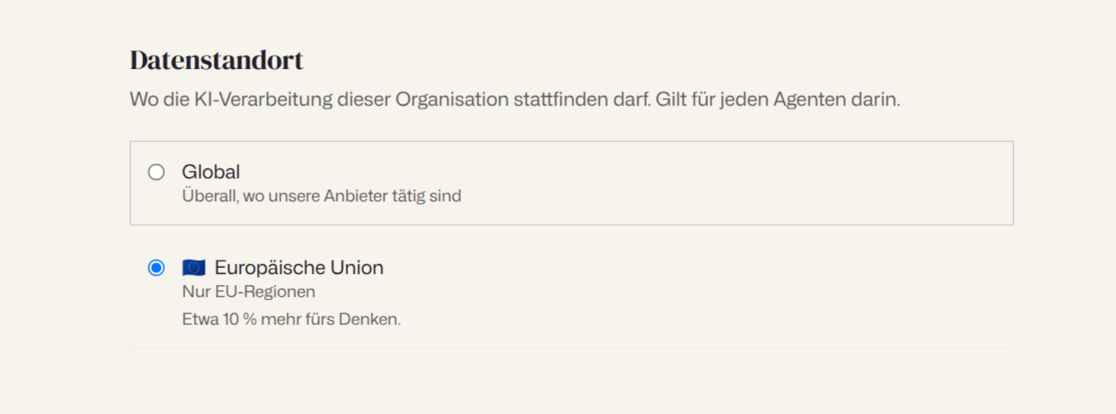 Die Einstellung zum Datenstandort, mit den Optionen Global und Europäische Union, wobei Europäische Union ausgewählt ist und der Aufschlag für die EU an der Option steht.