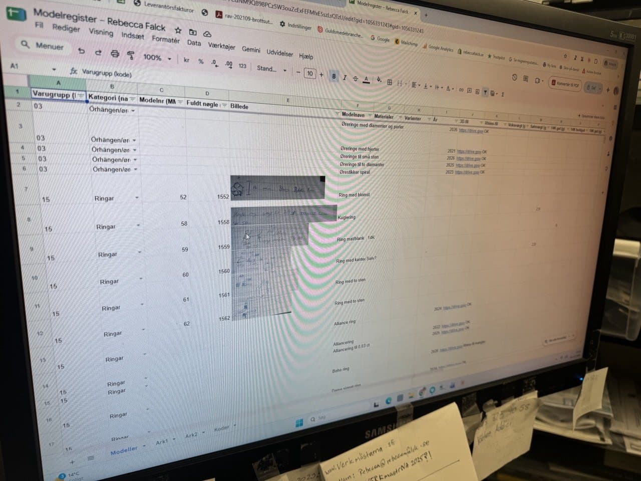 The model register in a spreadsheet with the sketches pasted in