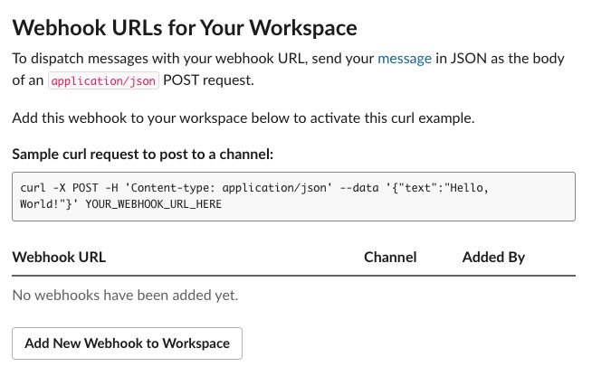 A screenshot of the Webhook URLs for Your Workspace section