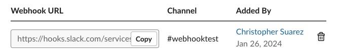 A screenshot of the Webhook URL list section
